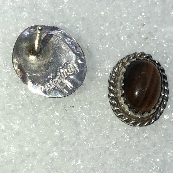 SIGNED Navajo Sterling Tigers Eye Cabochon Stud Earrings 12mm - Picture 4 of 5
